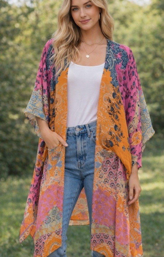 Macchia di Ruggine Long Boho Kimono Festival Vibe,OS,NWT