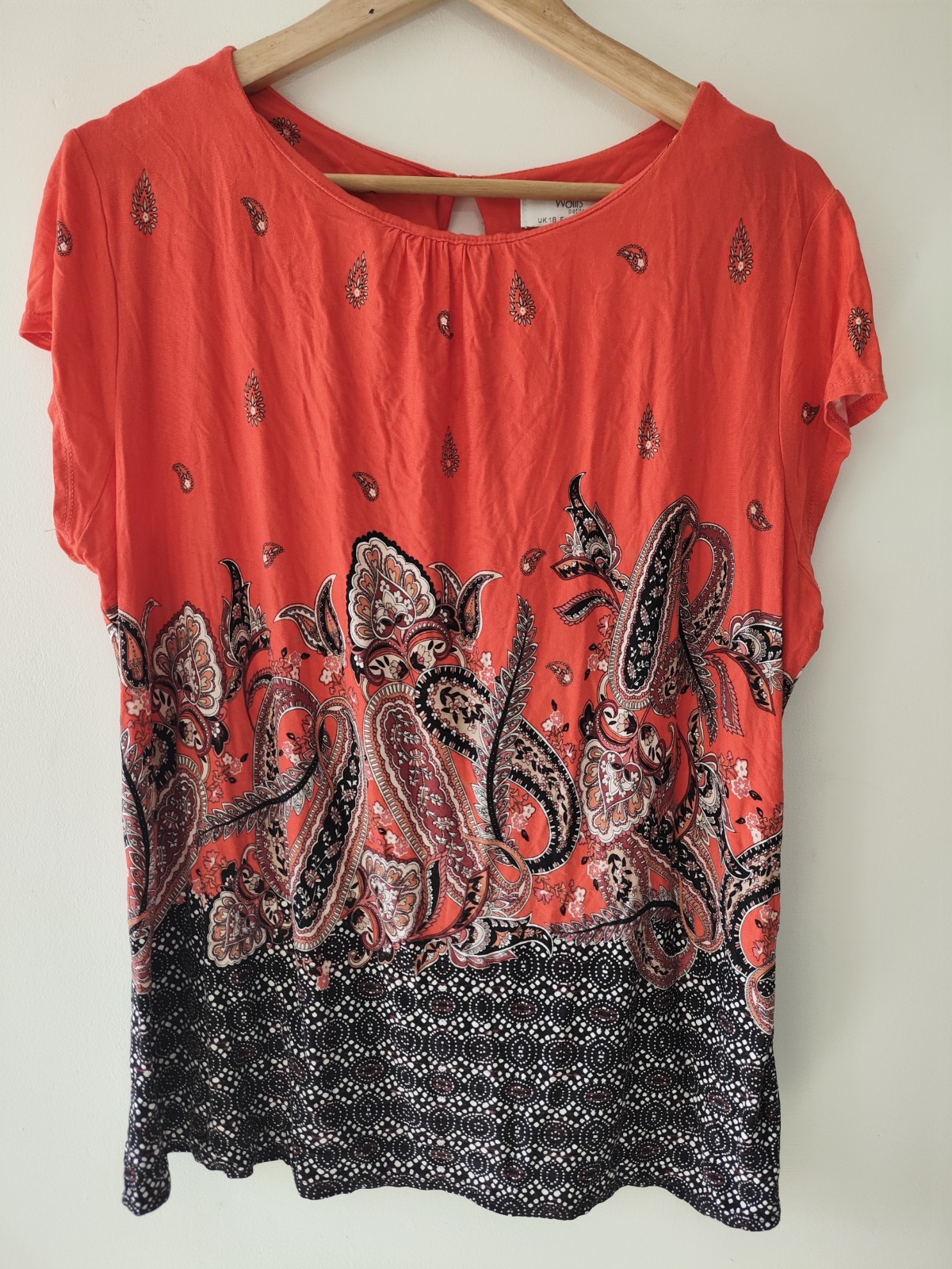 Wallis Womens Top Blouse Size 18 Red Black Paisley Summer Casual Short Sleeve