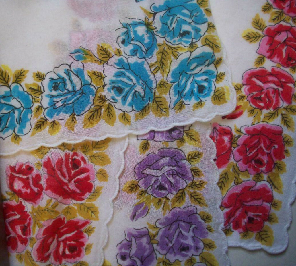 4 Matching red blue purple roses handkerchiefs