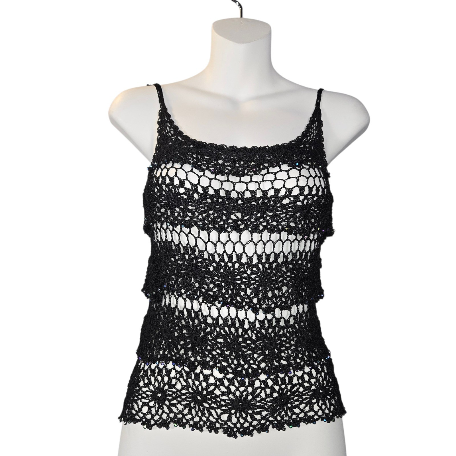 Crochet Beaded Camisole Women XS Black Tiered Ruffle Wool Blend Boho Whimsigoth