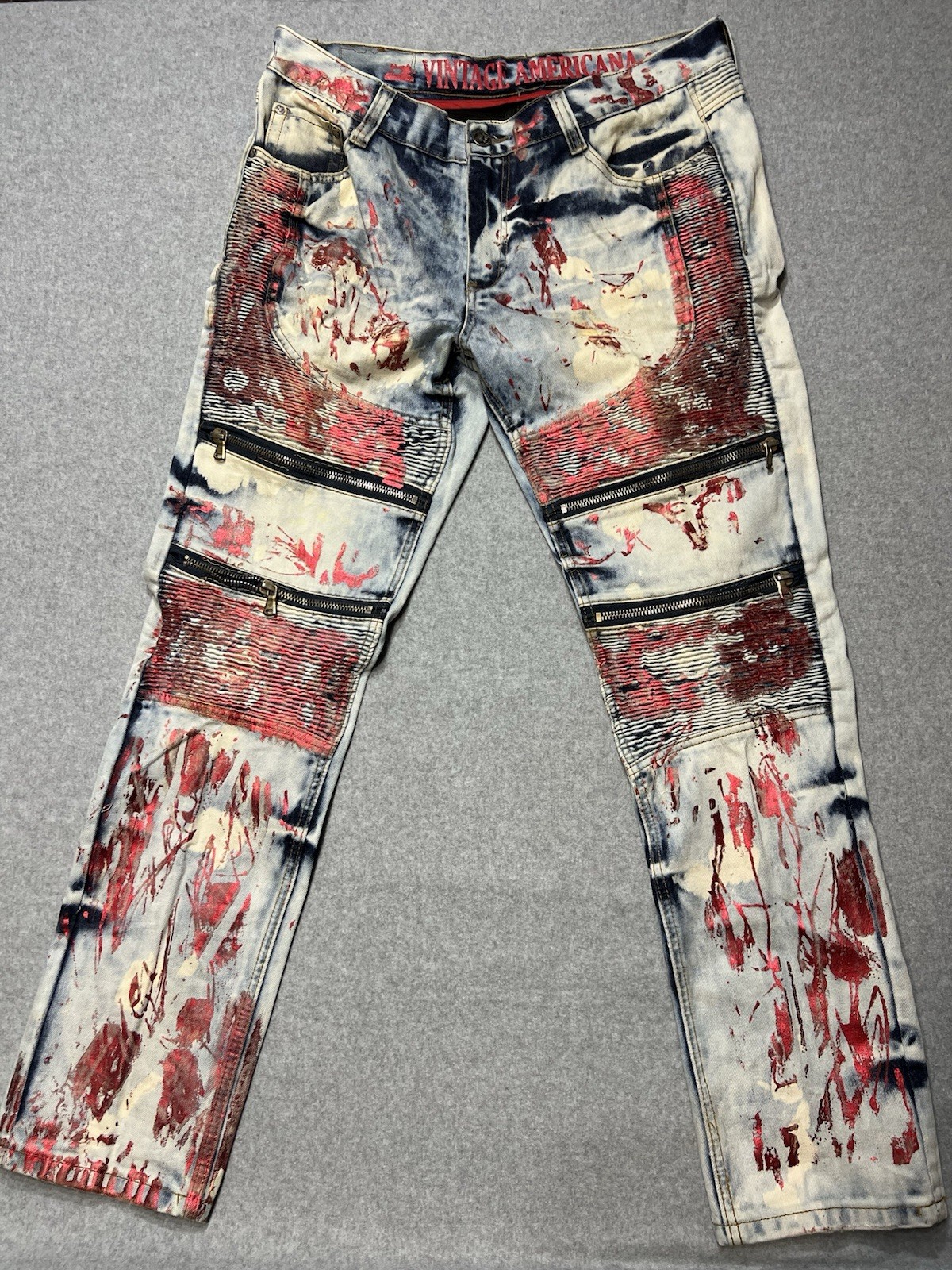 Vintage Americana Jeans, Paint Splatter, Distressed, Red, White, Black, 36×33