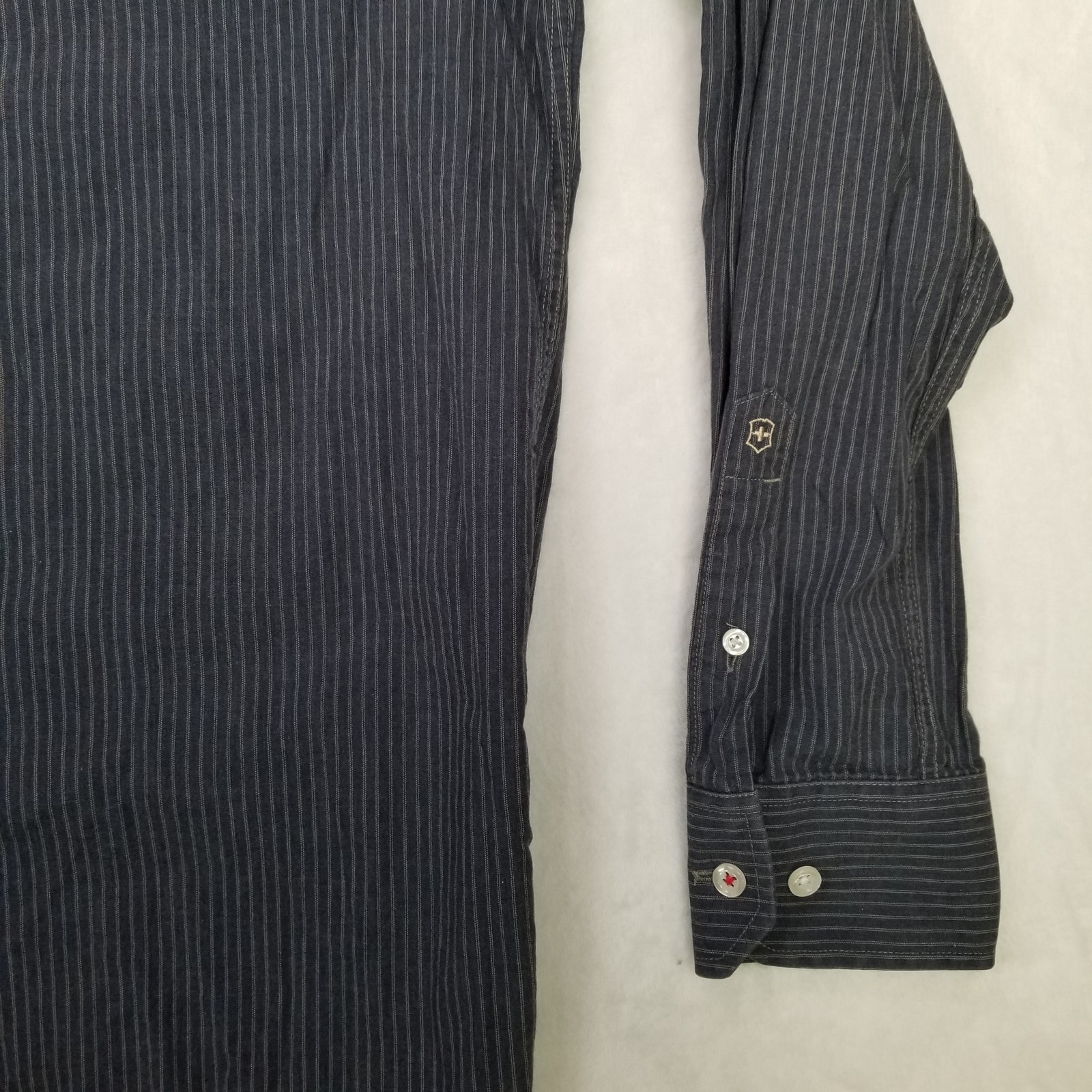 Victorinox Men’s M Dark Blue Pinstripe Button Down Shirt Standard Fit Long Sleev