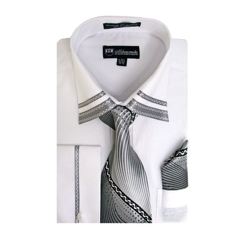Fortino Landi Men’s French Cuff Dress Shirt with Tie and Handkerchief SG28