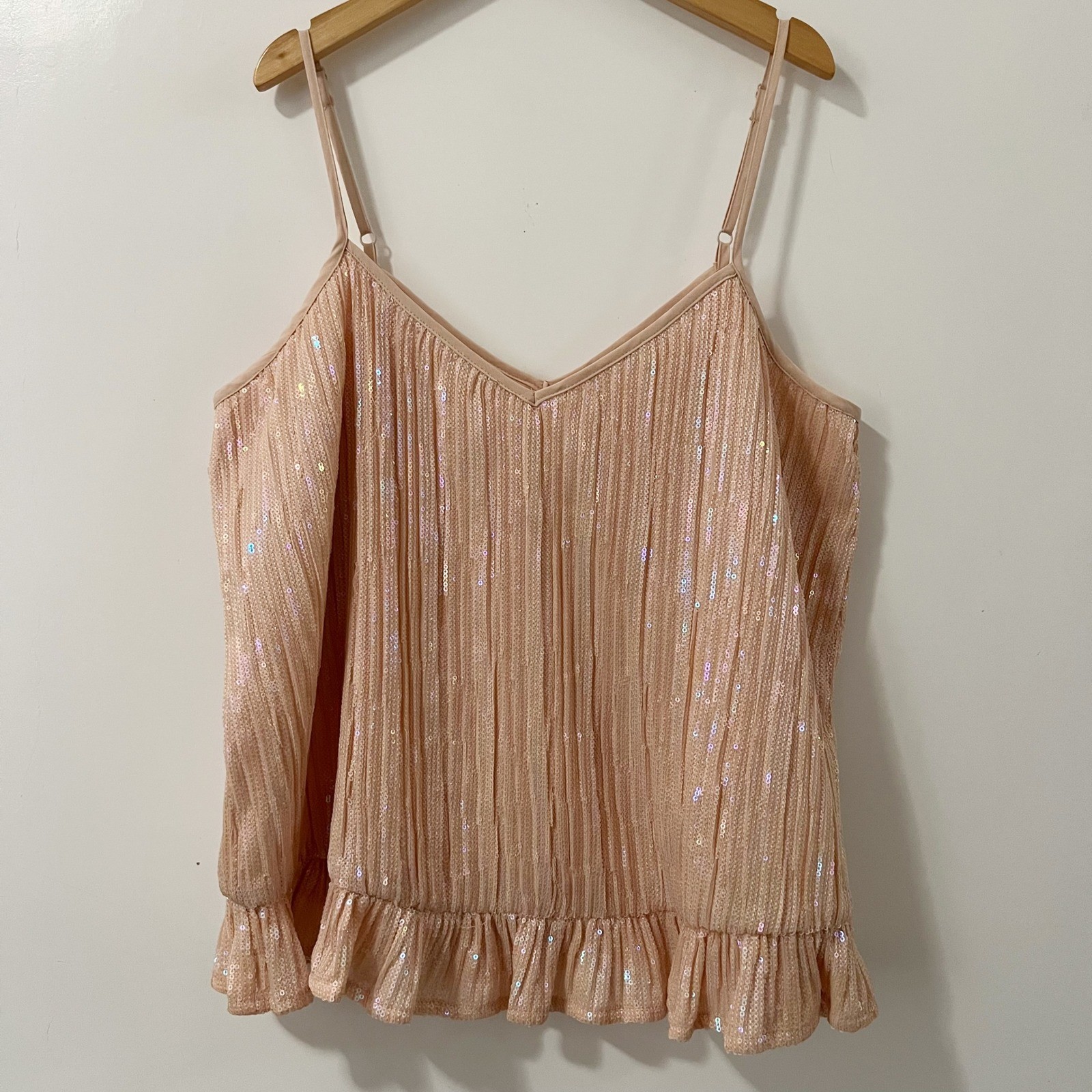 By Anthropologie Peach Iridescent Sequin Pleated Cami Peplum Top US 10 UK 14