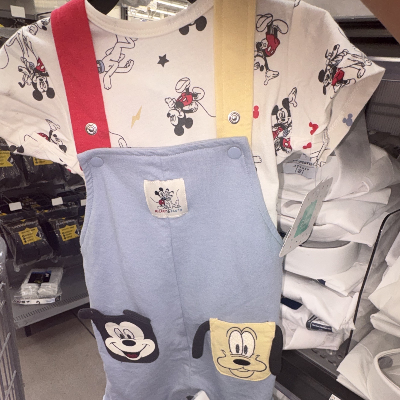 Disney Mickey Mouse & Pluto 18M Cotton Knit Overall One-Piece Romper Blue/White