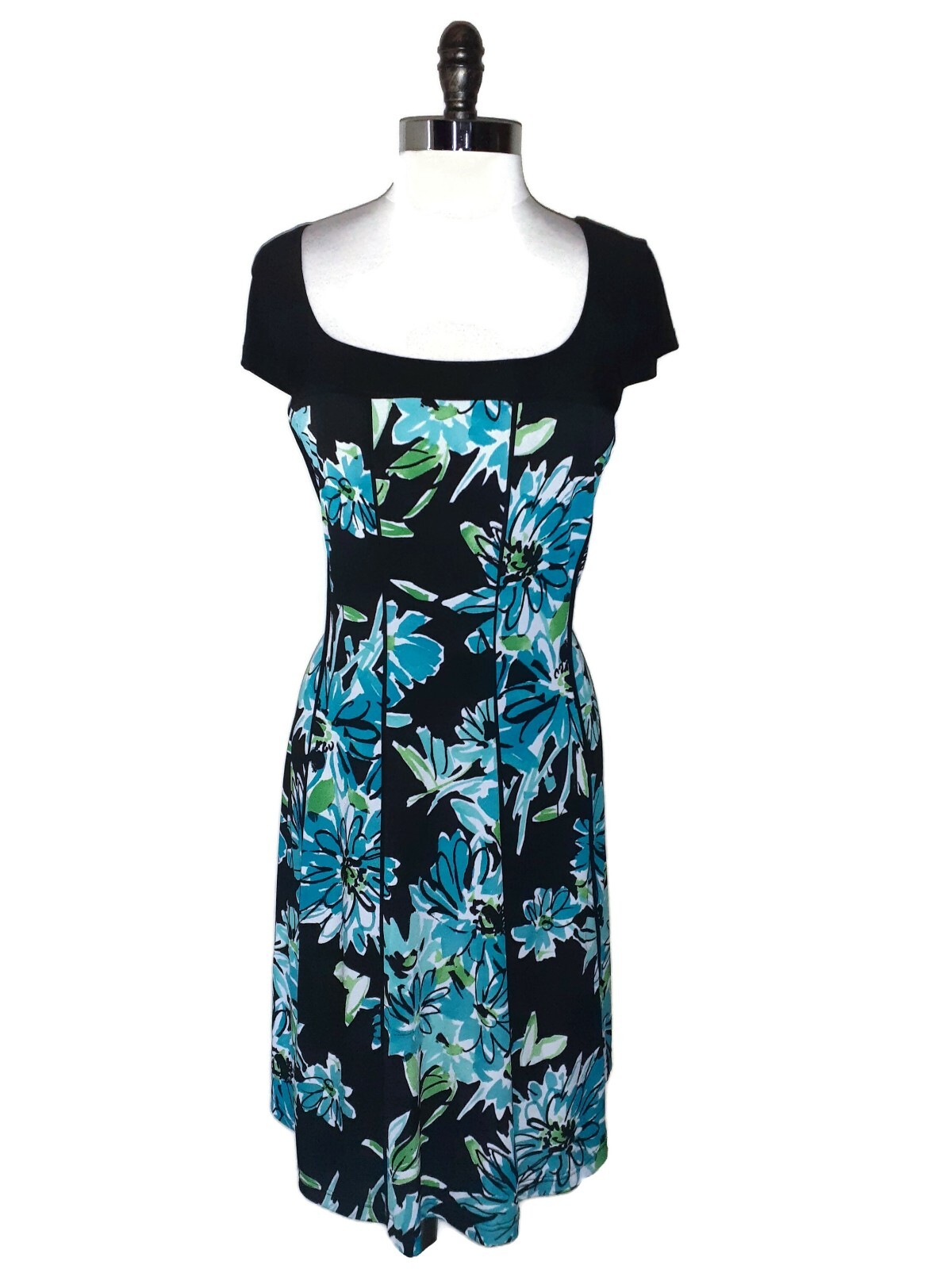 R&K Plus Size 14W A-Line Dress Black Blue Green Floral Cap Sleeve Stretch