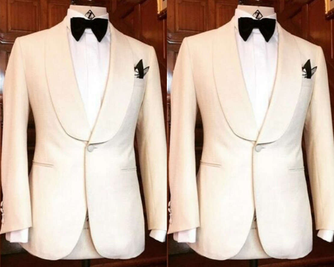 White Men Suits Jacket Shawl Lapel Wedding Groom Wear Tuxedo Formal Prom Blazer