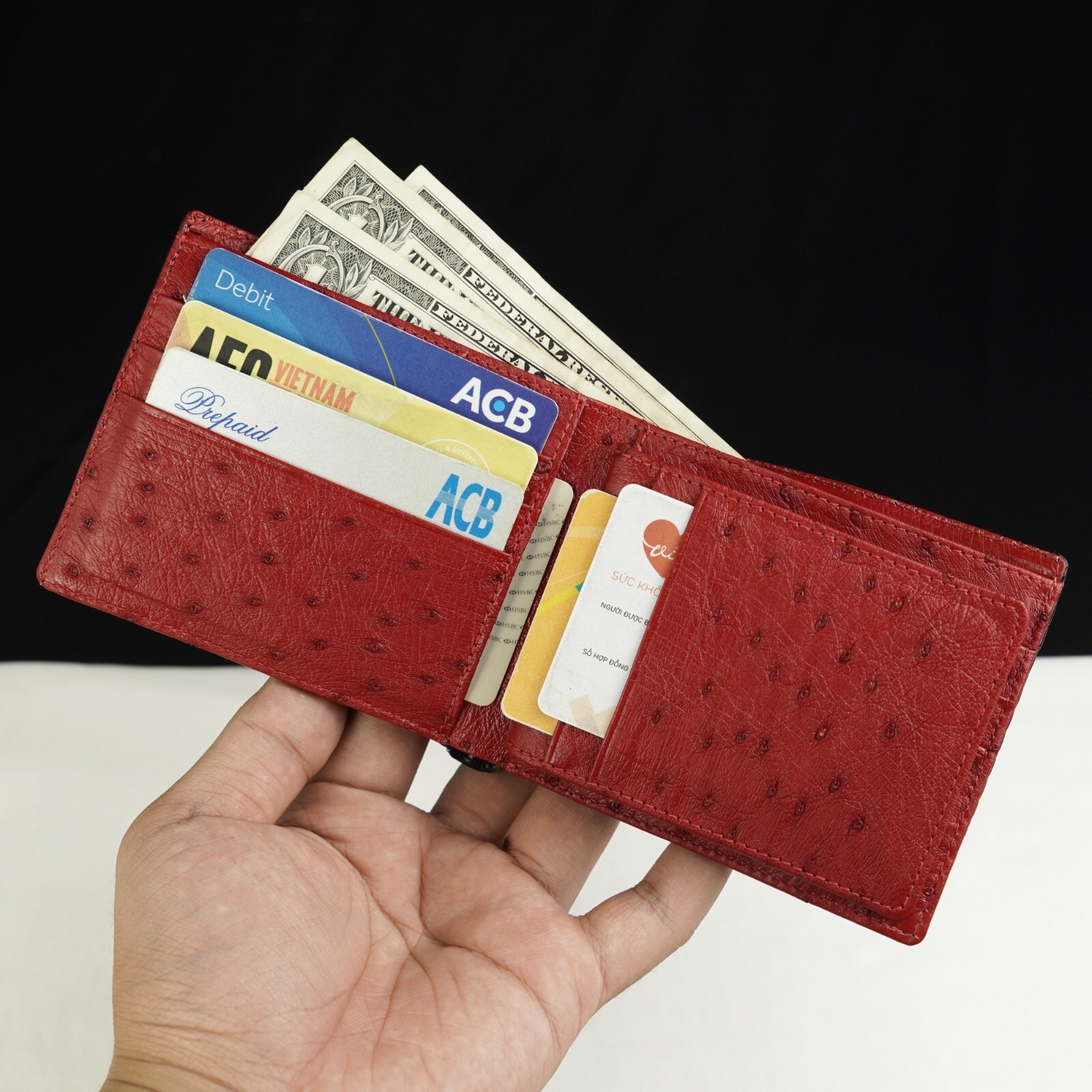 Black/Red Crocodile Bifold Leather Wallet Handmade RFID Blocking 8 Card Slots