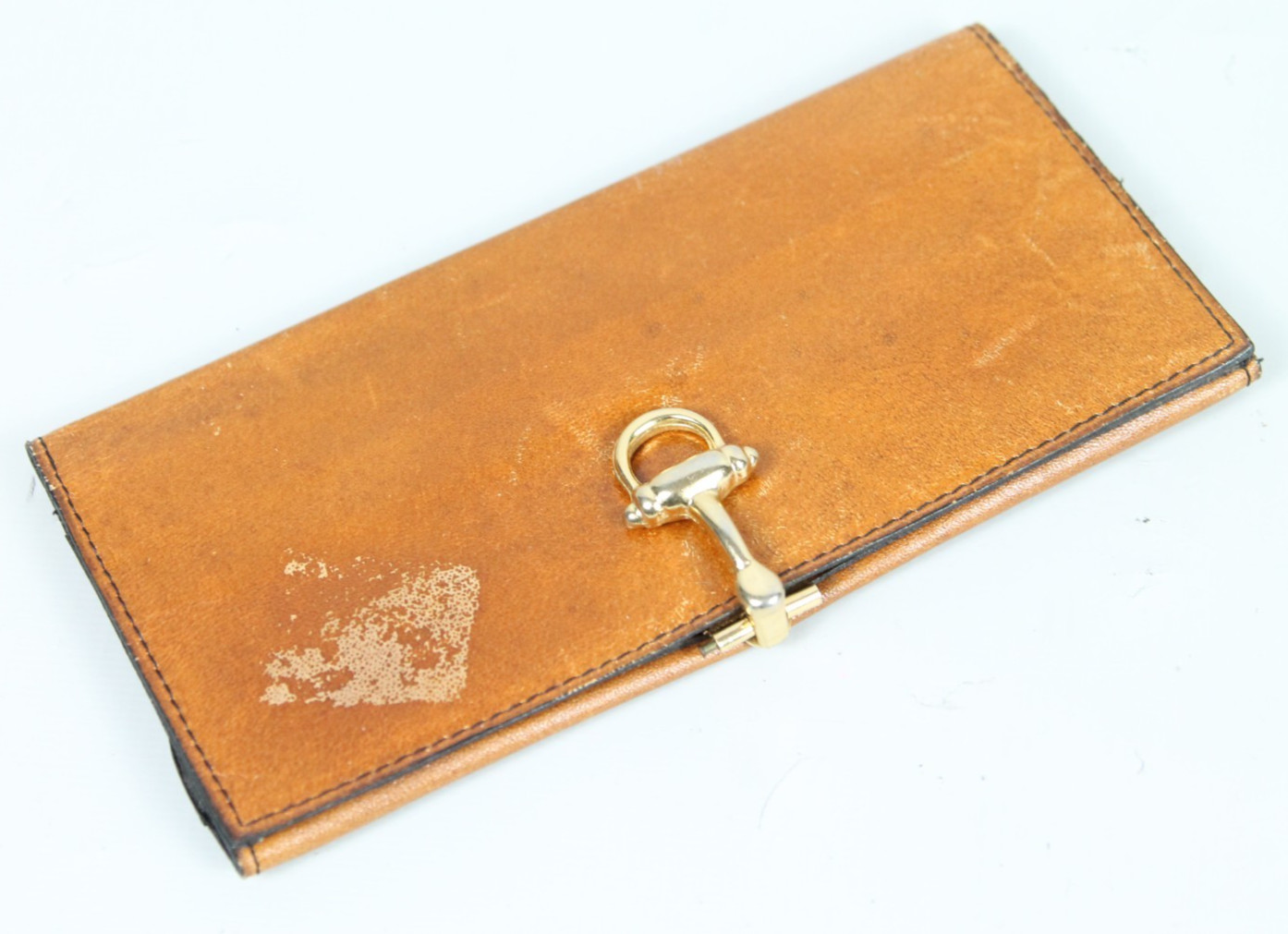 Vtg ITALY Beige Calf Leather Bifold Wallet Checkbook Organizer w/ Gold Horsebit