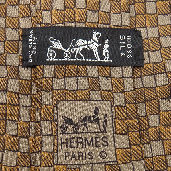 Hermes Tie All Over Pattern 9Cm Silk Brown Checkered Handwritten