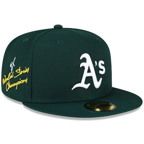 New Era Oakland Athletics Fitted Hat MLB 9X World Champ Patch Yellow Under Brim