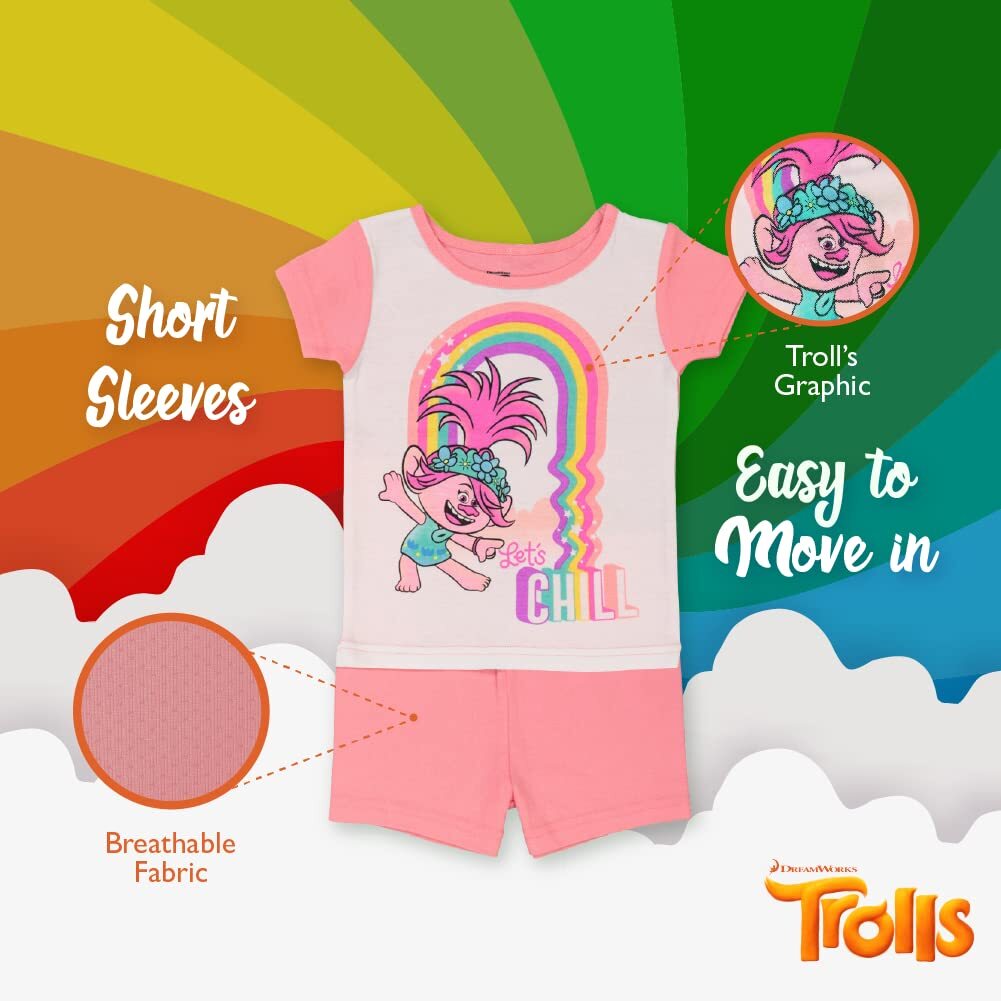 DreamWorks Girls’ Little 4-Piece Trolls Pajama Set, LET’S CHILL, 3T