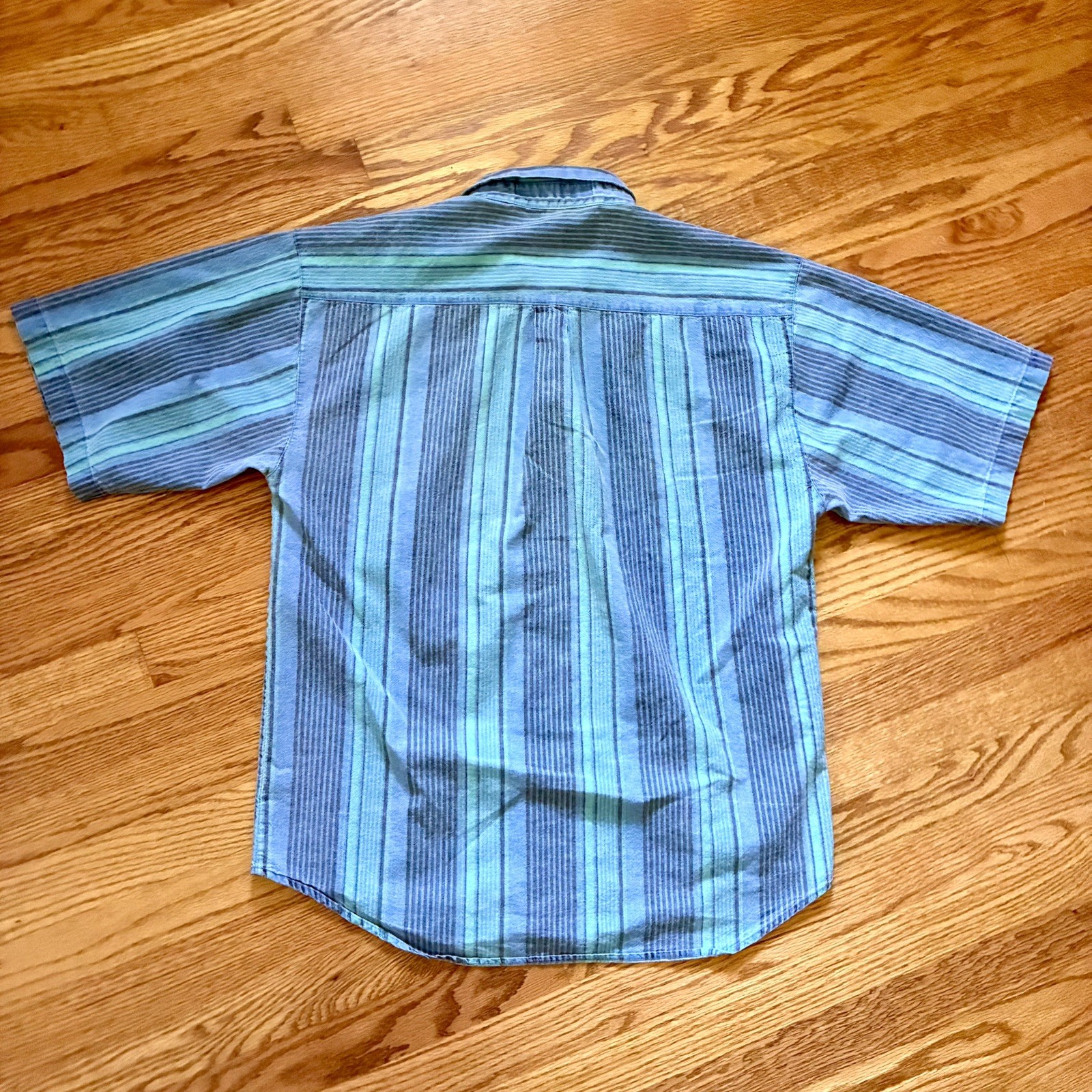 VINTAGE 90s Santana Blue Striped Short-Sleeve Button-Up Shirt Size Large