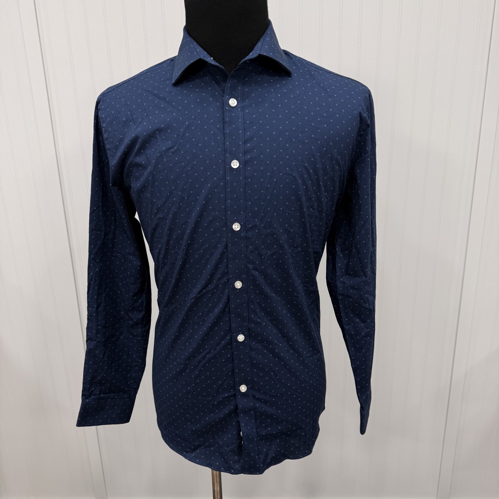 Michael Kors Men’s Large Blue Geometric Slim Fit Stretch Button-Front Shirt NWT