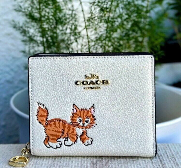 Coach Snap Wallet & Card Holder with Dancing Kitten Cat White Outlet New Japan
