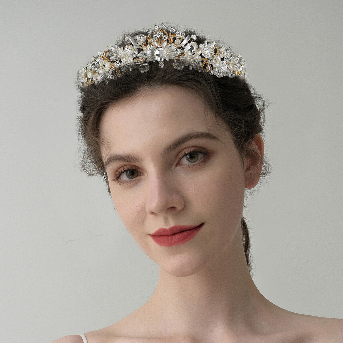 4cm Tall Flower Leaf Crystal Pearl Tiara Crown For Women Wedding Queen Pageant