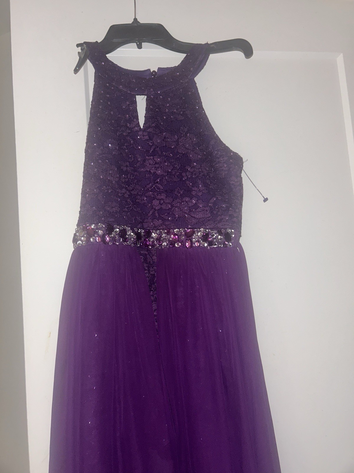 Purple Lace Gown w/ Sequin Accents High Neck Sleeveless