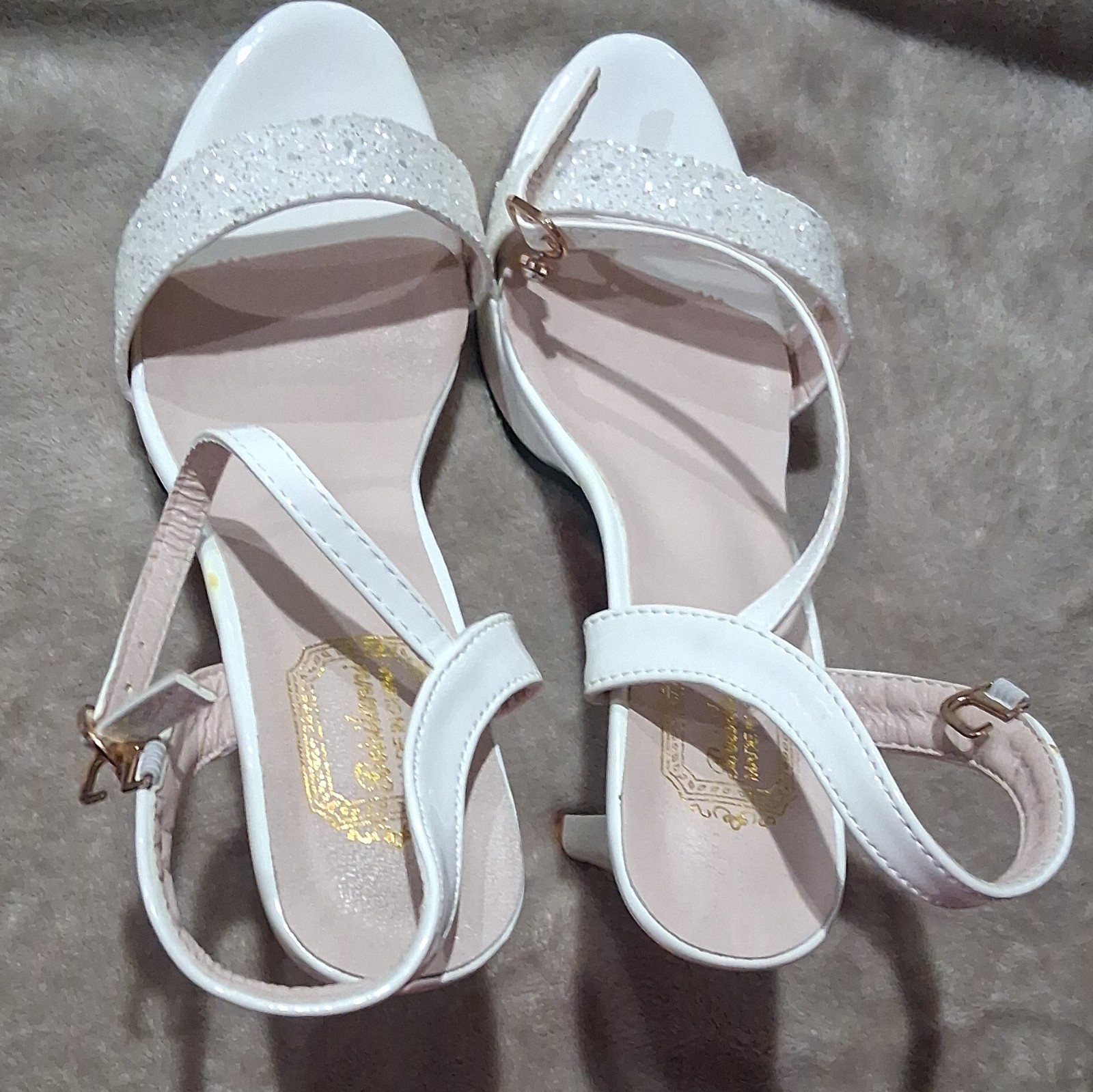 Women’s White Glitter Strappy Open Toe Ankle Strap Stiletto Heel Buckle EU 39