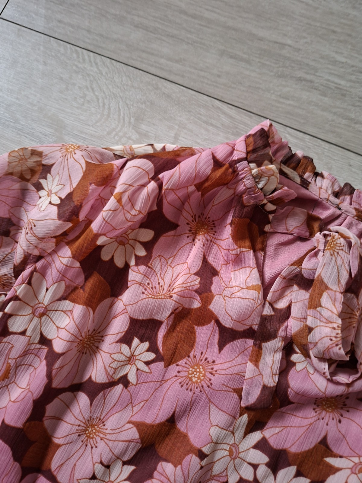 Brown & Pink Floral Flared Smock Dress Tiered Frill Party Sheer Boho Retro UK14
