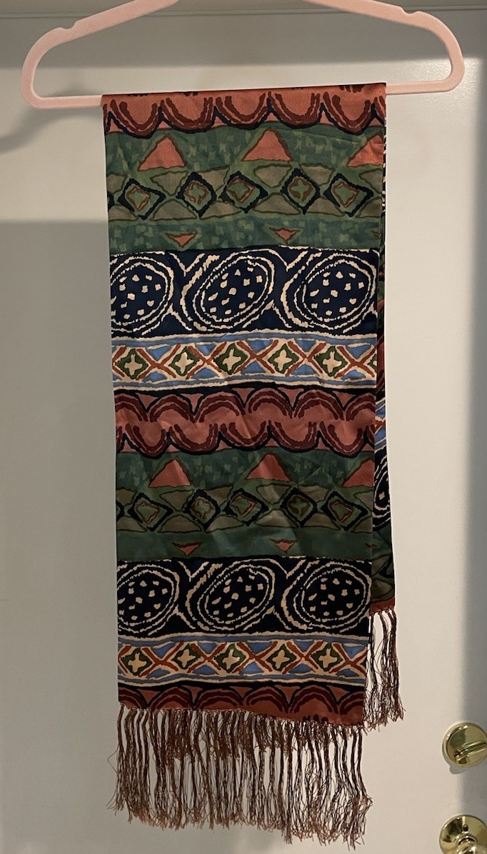 100% Silk Colorful Scarf 58 Inches Long With Fringe 10.5 Inches Wide Boho Unique