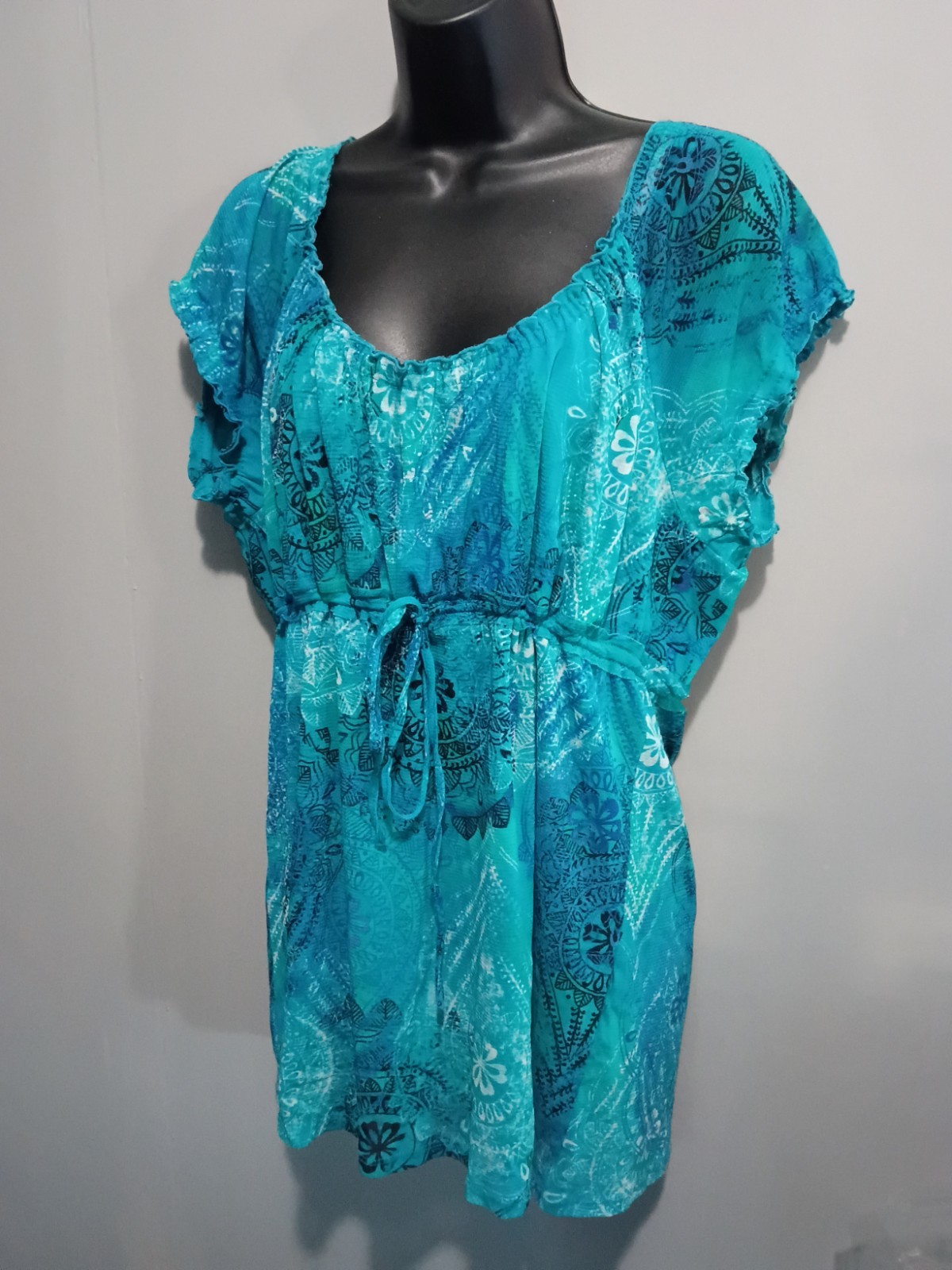 Liz Claiborne Axcess Shirt XL Scoop Neck Short Cap Sleeve Floral Blue Blouse