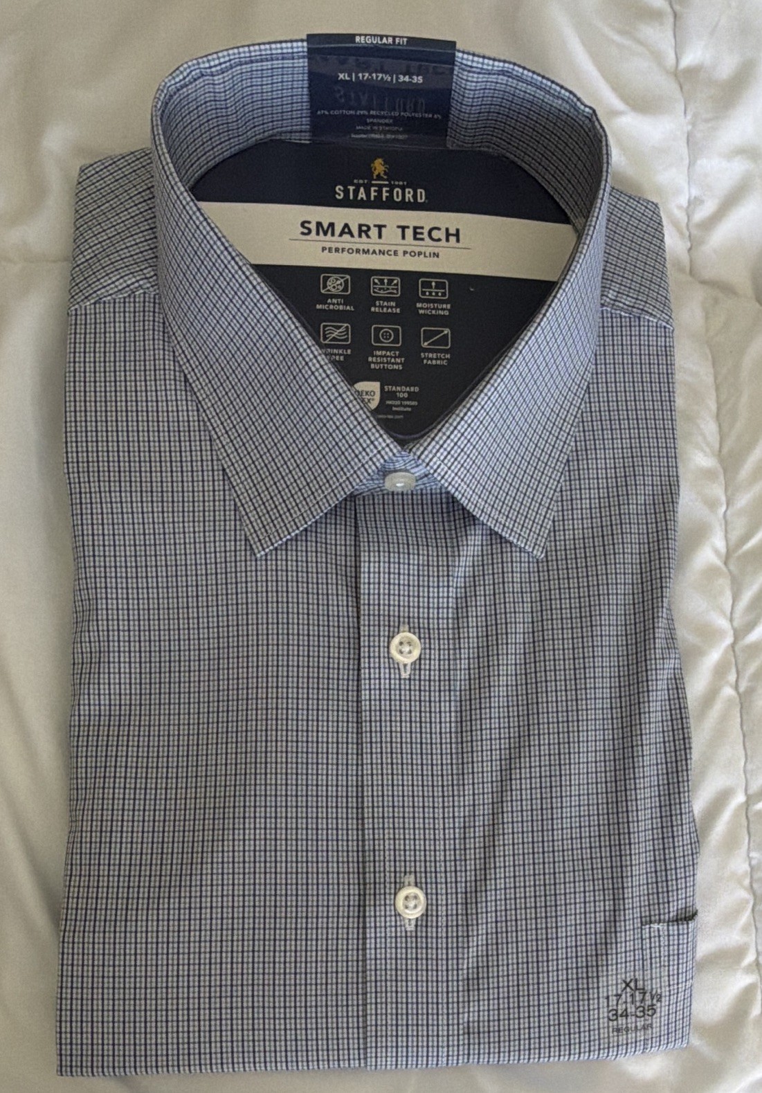 Stafford Smart Tech Poplin Grid Dress Shirt Blue XL 17-17.5 34-35