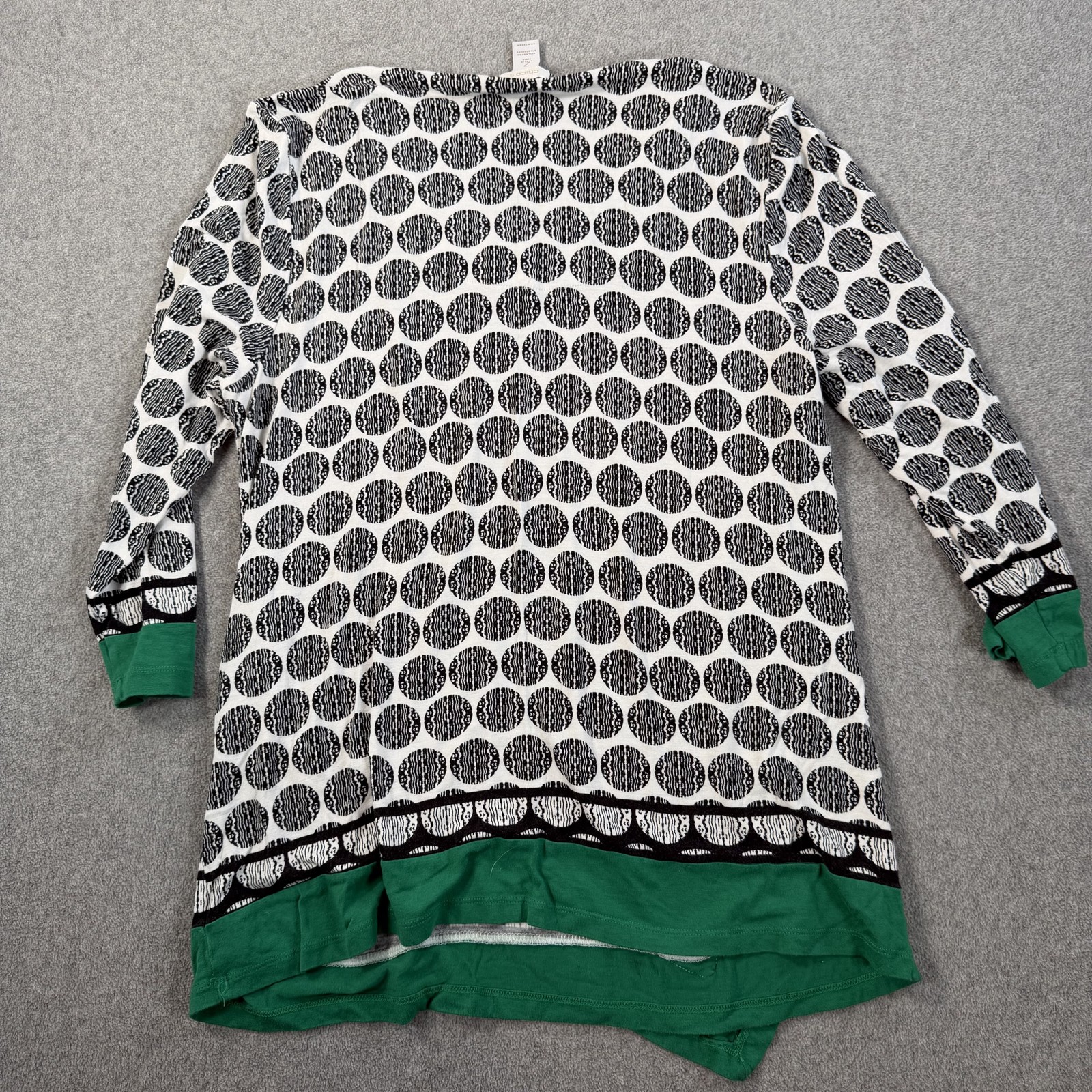 Chico’s Size 2 Large Black White Green Polka Dot Asymmetrical Tunic Top V-neck