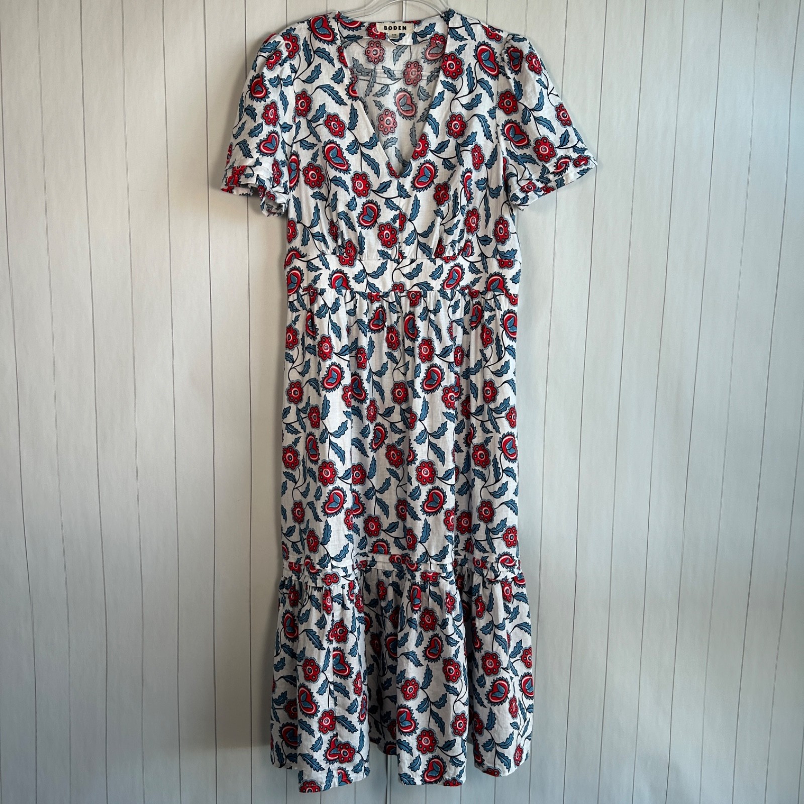 Boden midi dress size 12 tiered 100% linen white red floral short sleeve v-neck