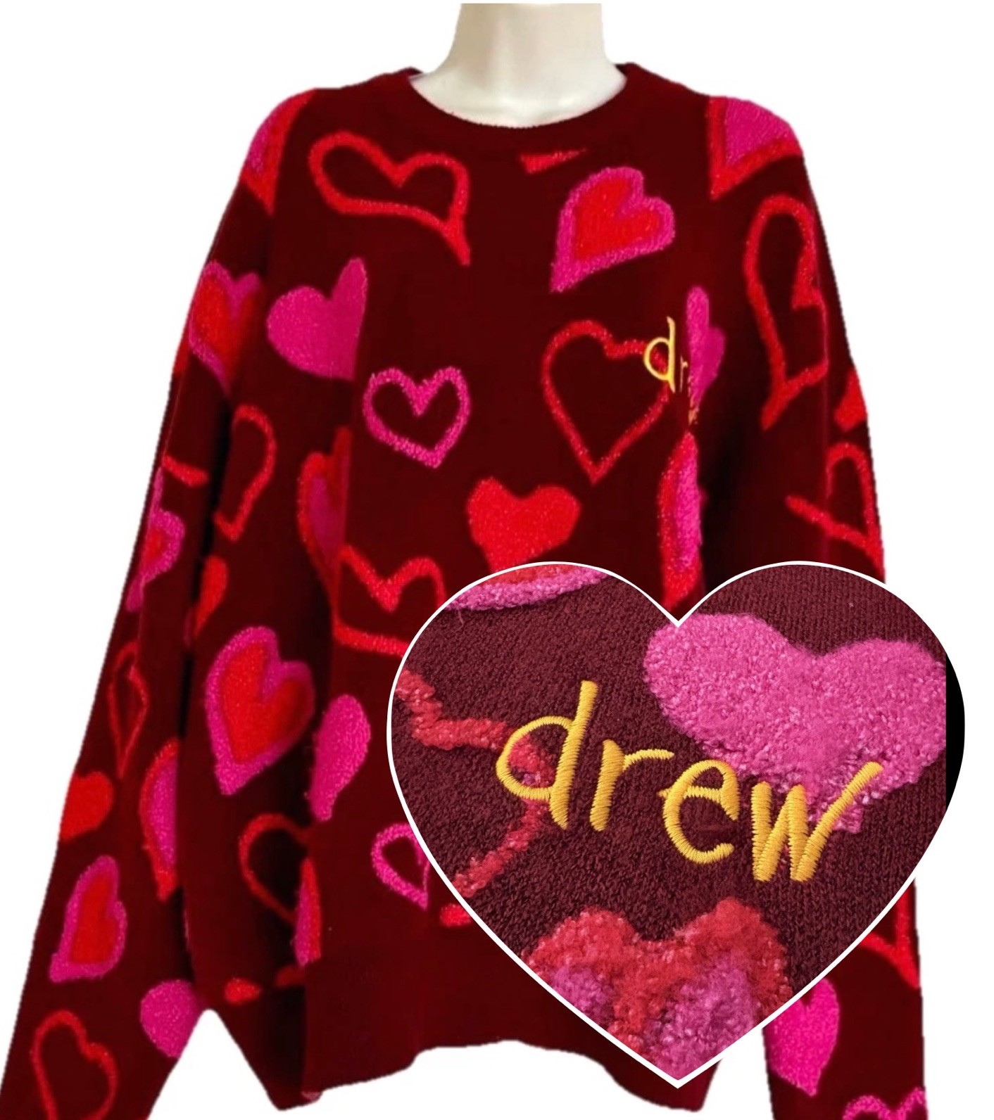 Drew House Scribble Hearts Sweater Burgundy Pink Red Women’s L