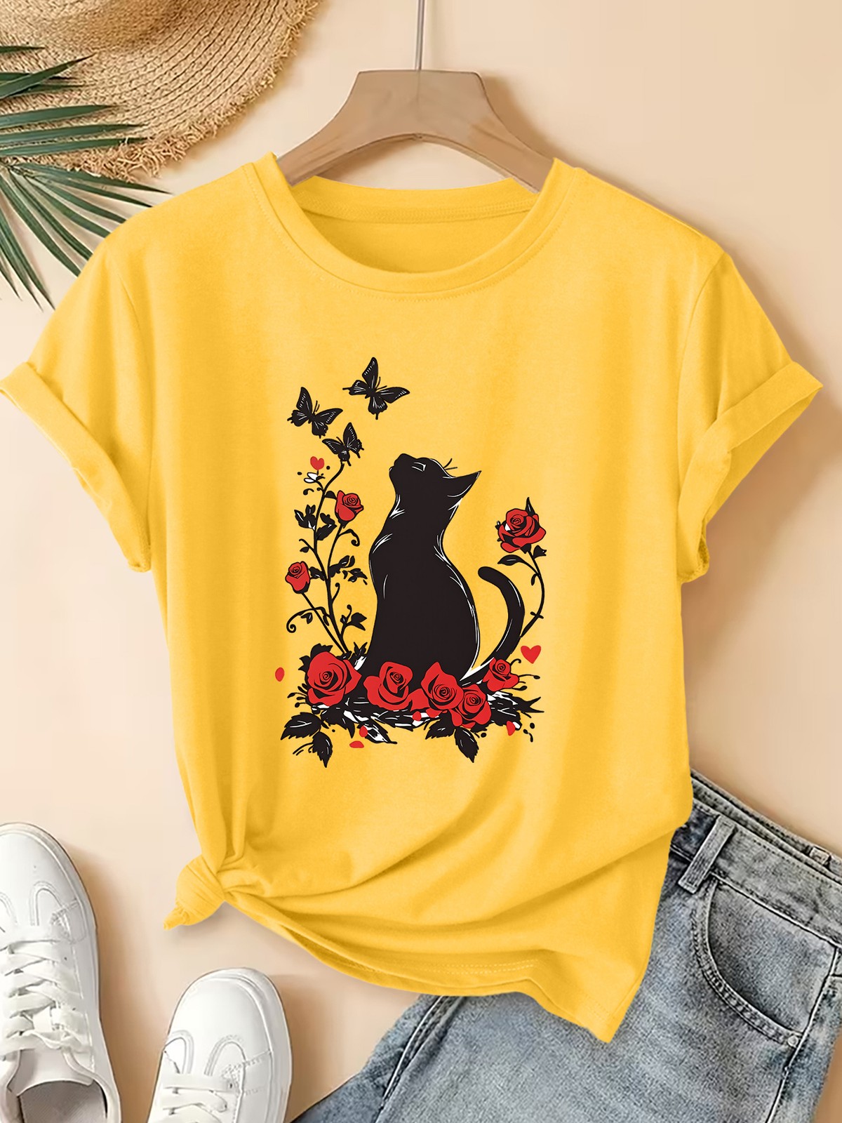 Summer Women’S Round Neck Short Sleeve T-Shirt Cat Butterfly Print Casual Top▧