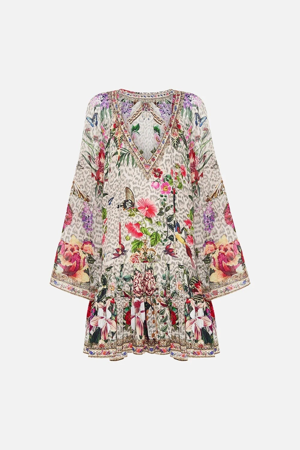 Camilla M/L 12 LEOS BOUQUET A-Line Gathered Panel Dress Short Silk Crystals $699