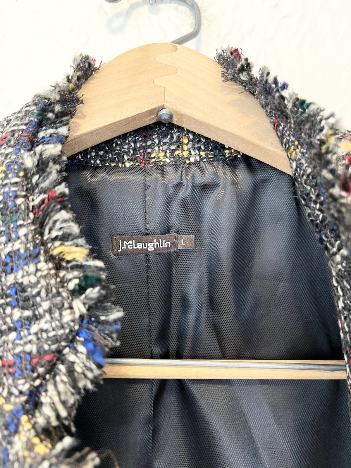 J. McLaughlin Jacket Coat Black Blue Tweed Fringe Large L