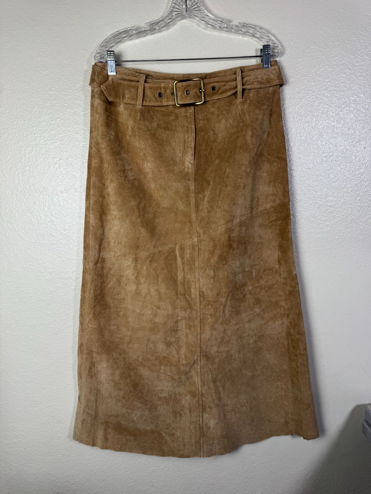 Newport News Women Tan Suede Leather Midi Maxi Skirt Waist Size 14 Belted Buckle