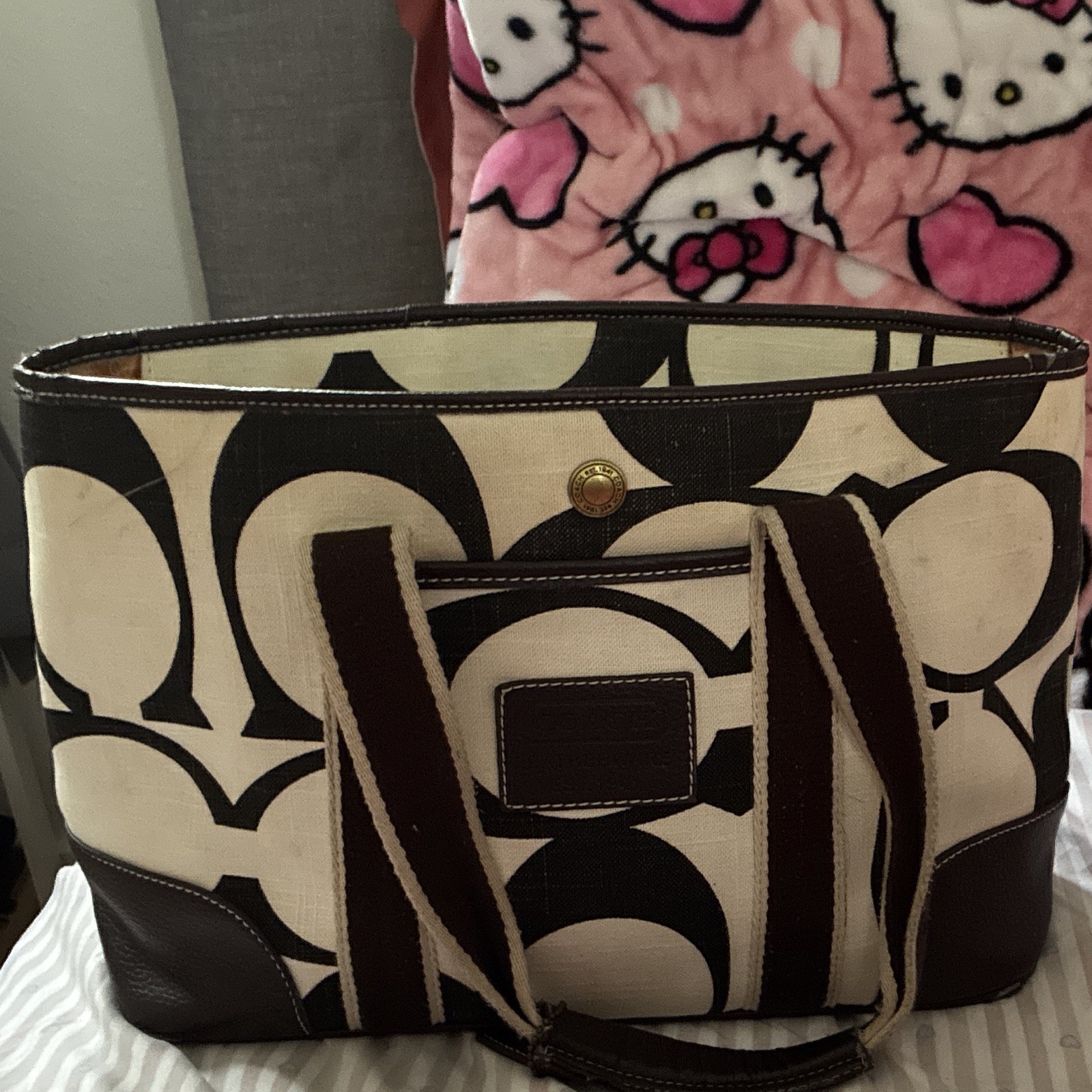 Coach Signature Legacy Cotton Shoulder Tote in brown and cream Used