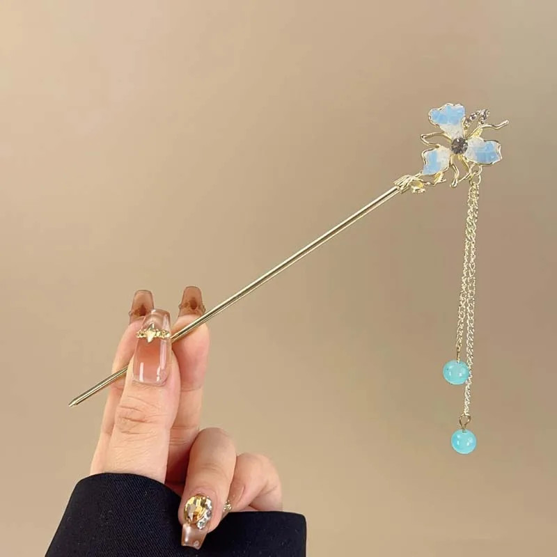Exquisite Blue Crystal Star Moon Hair Stick for Women Girls Chinese Style Fl