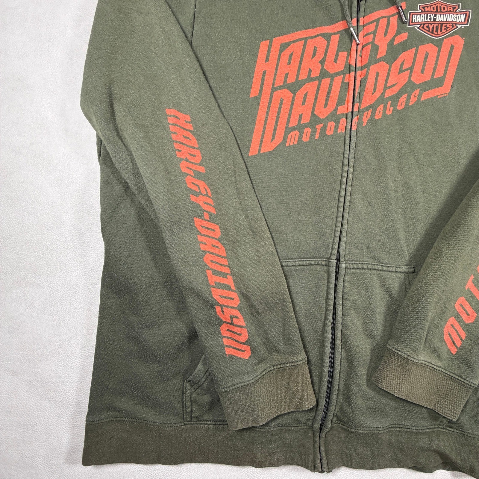Harley-Davidson Mens Zip Up Hoodie Olive Green Orange Graphic Biker Large XL