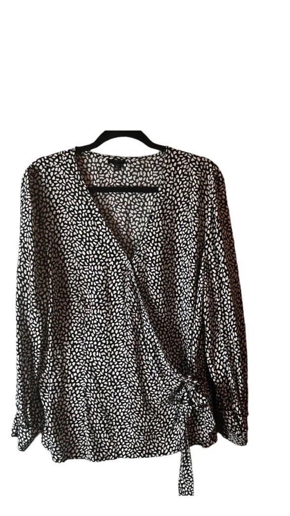 Talbots Faux Wrap Top Spot Print Long Sleeve Blouse Black White Plus 2x
