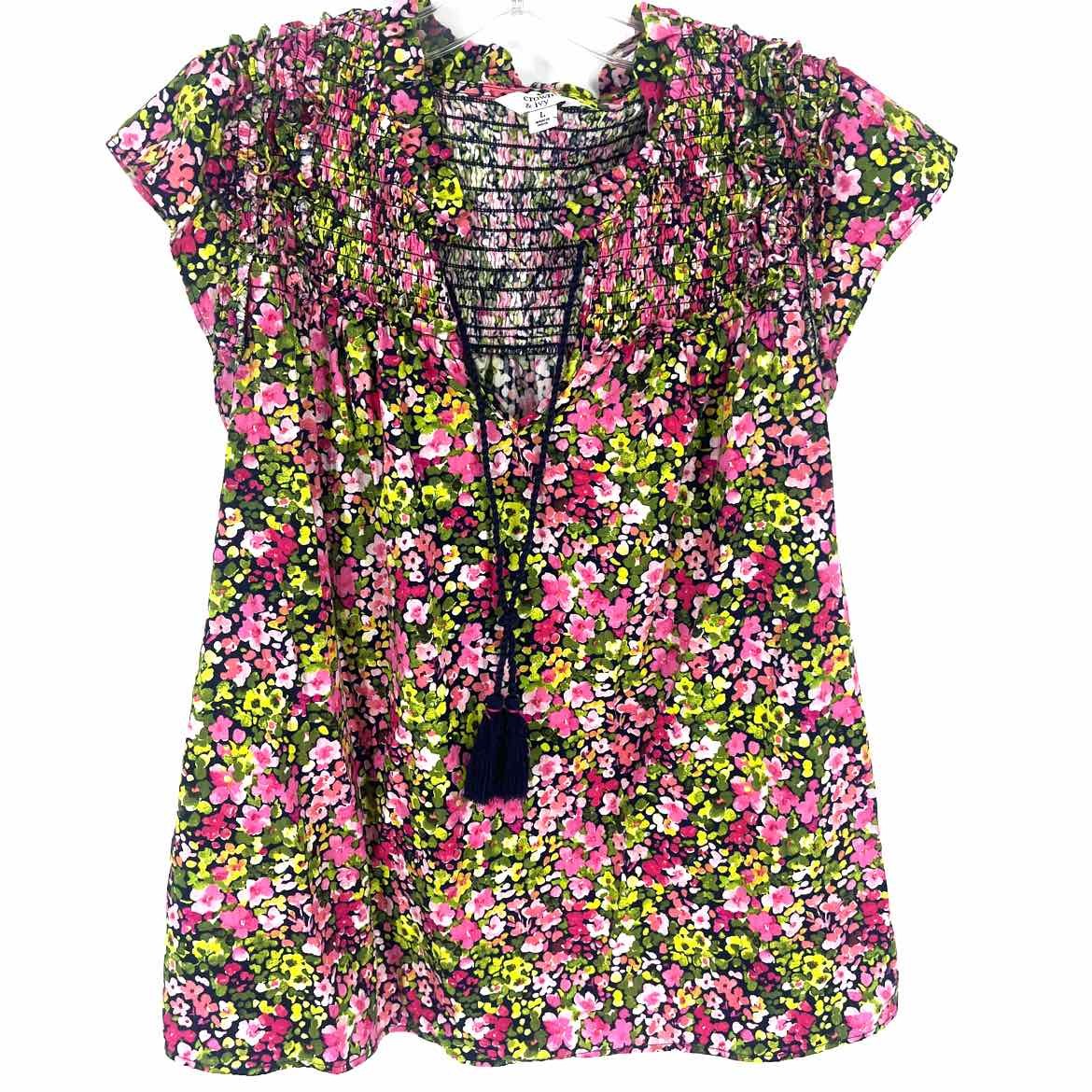 Size LARGE CROWN & IVY Navy Multi-Color Floral Casual Top