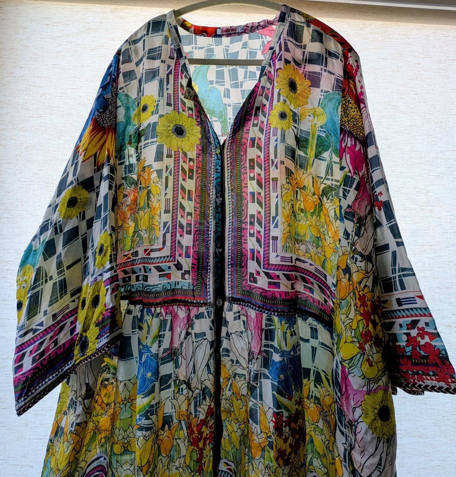 Johnny Was 100% Silk Tunic Floral Sunflower Print Boho Oversized Kimono