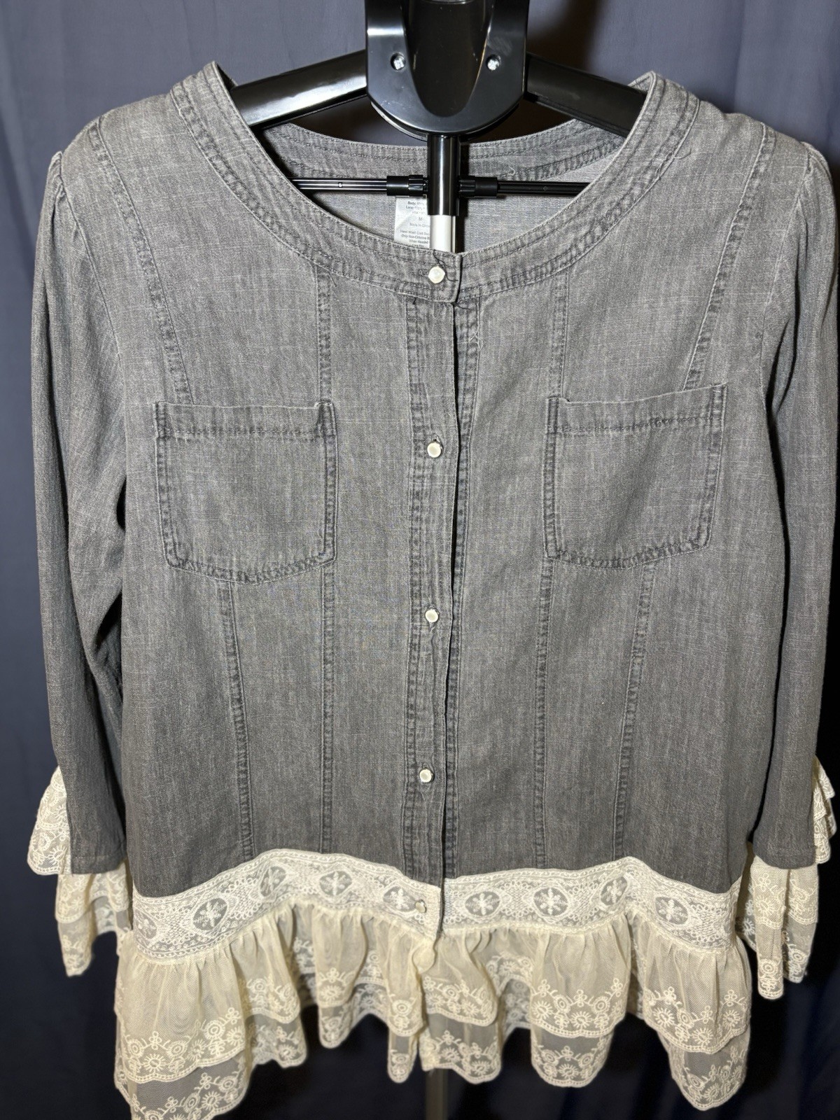 Gray Denim Lace Jacket With Scalloped Lace On Bottom Of Sleeves. Size M