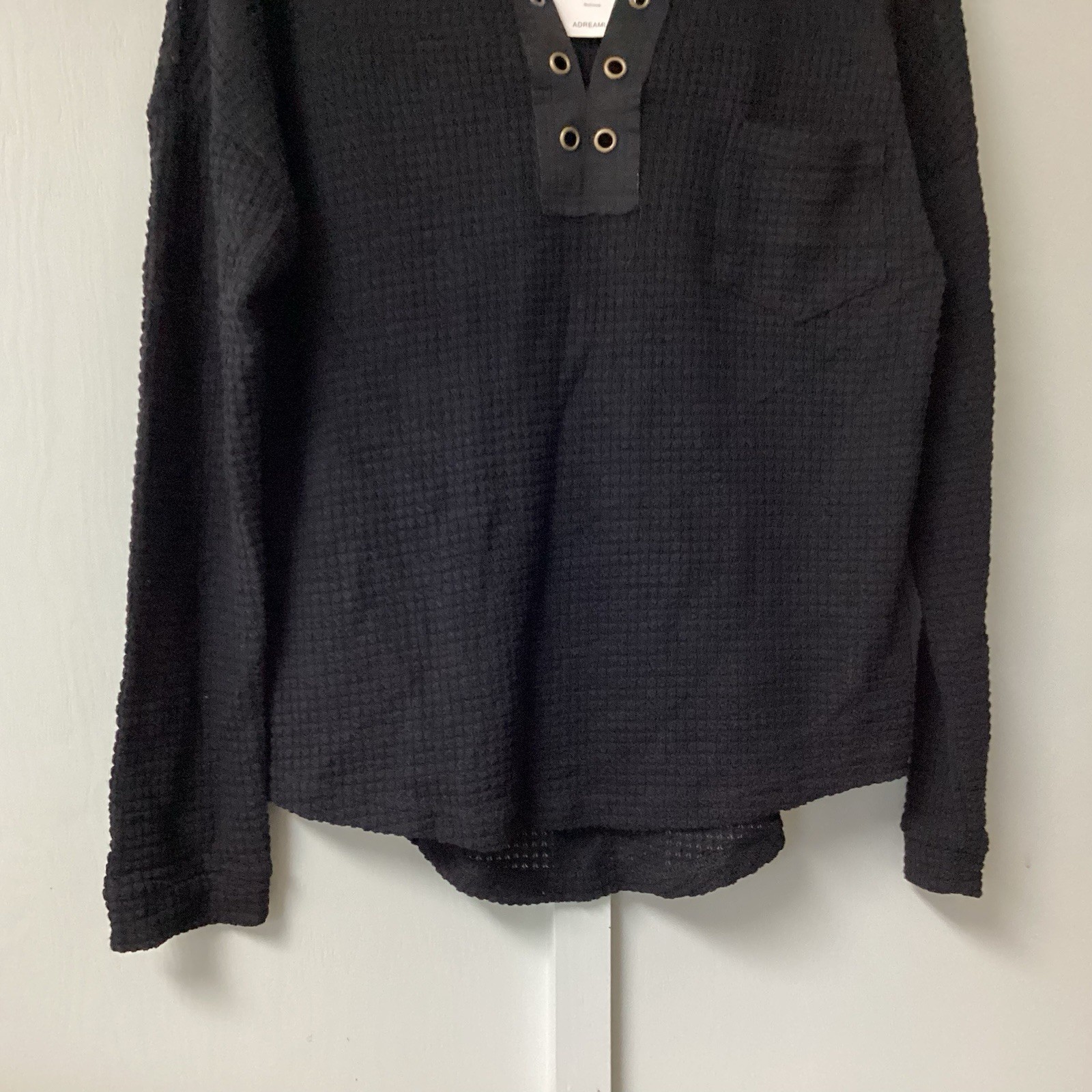 ADREAMLY Black Semi-Sheer Blouse Women’s Size Medium Waffles Studs Hole Knit New
