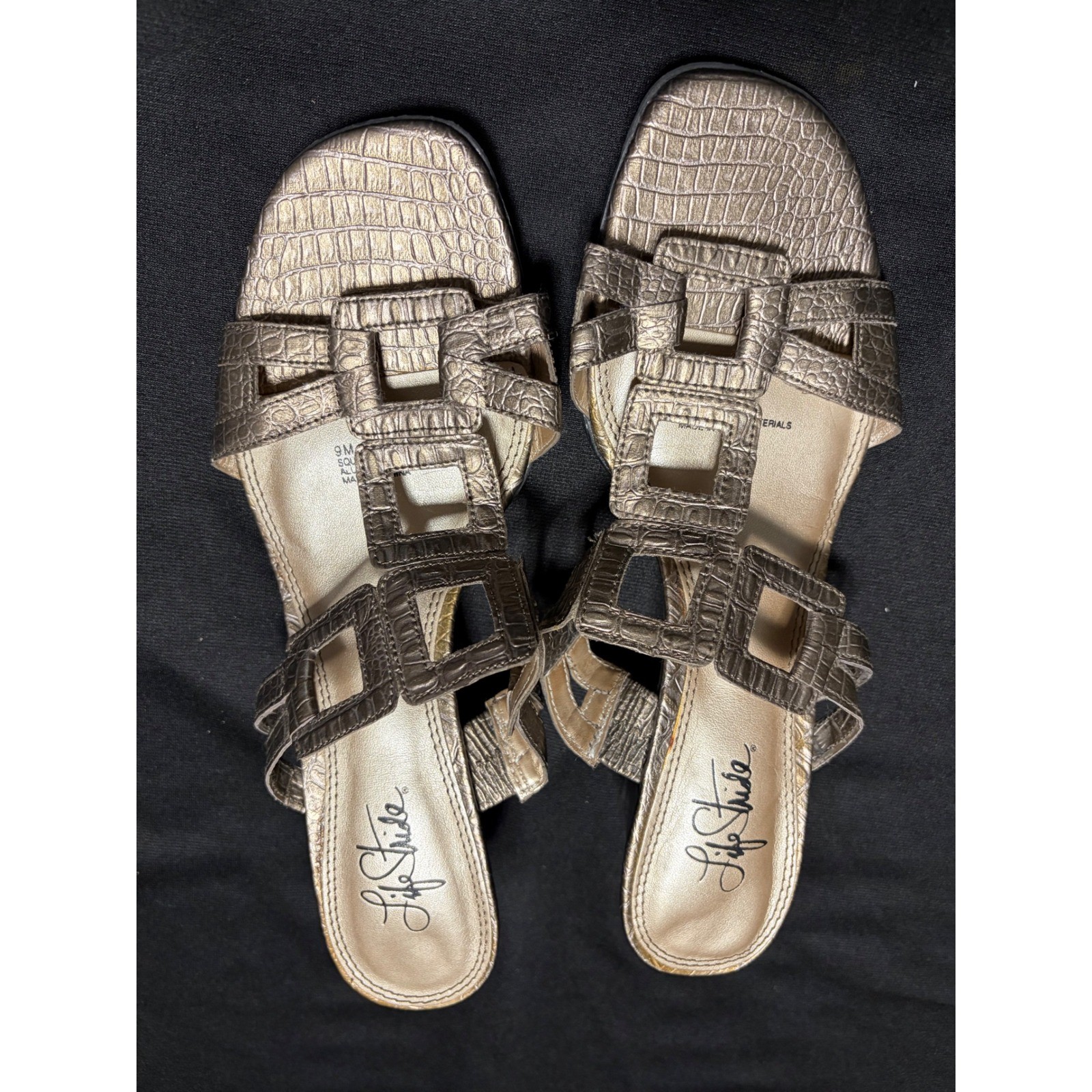 Life Stride Bronze Croc Embossed Slide Sandals Geometric Accent Size 9M EUC