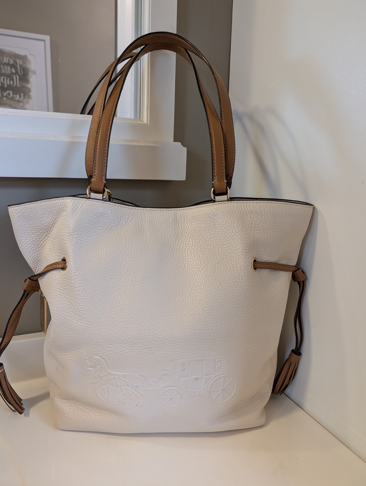 Coach Andy Tote CA165 Horse and Carriage Chalk Pebble Leather Shoulder Tote