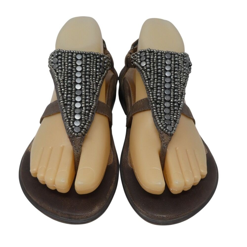 Aetrex Shiela Sandals Women 7 Black Leather Beaded T Strap Thong