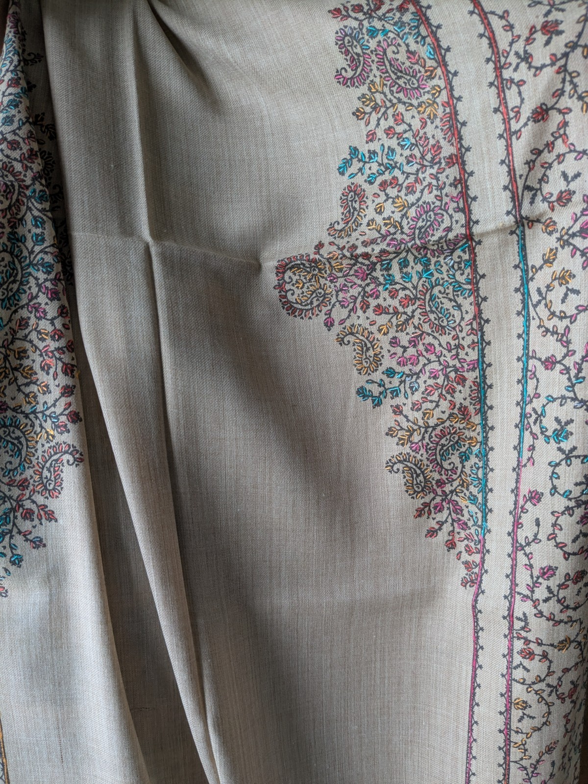 Kashmiri Embroidered Pashmina Shawl / Wrap Beige color hand made size 80″.x 29″.
