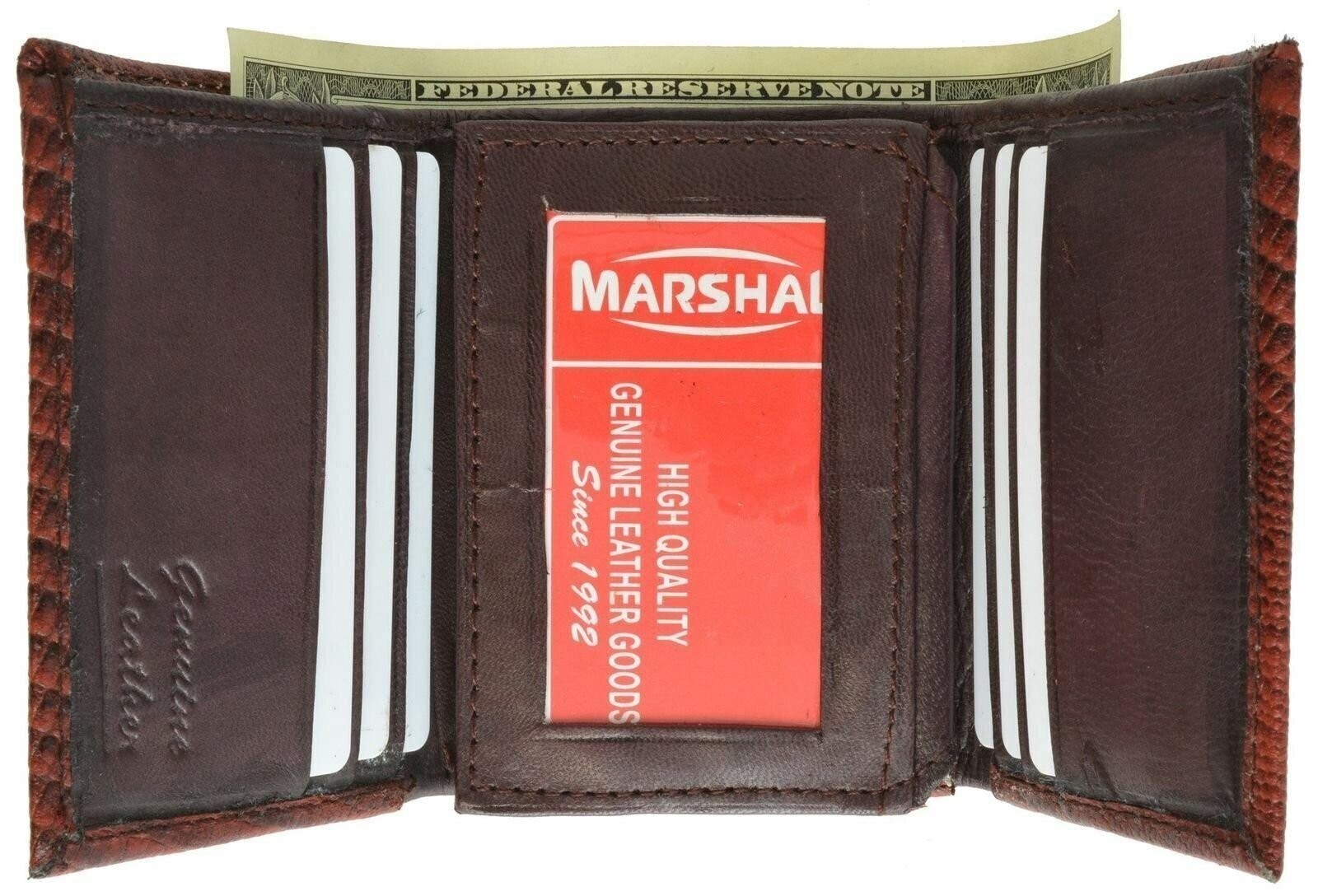 Alligator Print Cowhide Leather Trifold Wallet with ID Window & Credit Card Slot