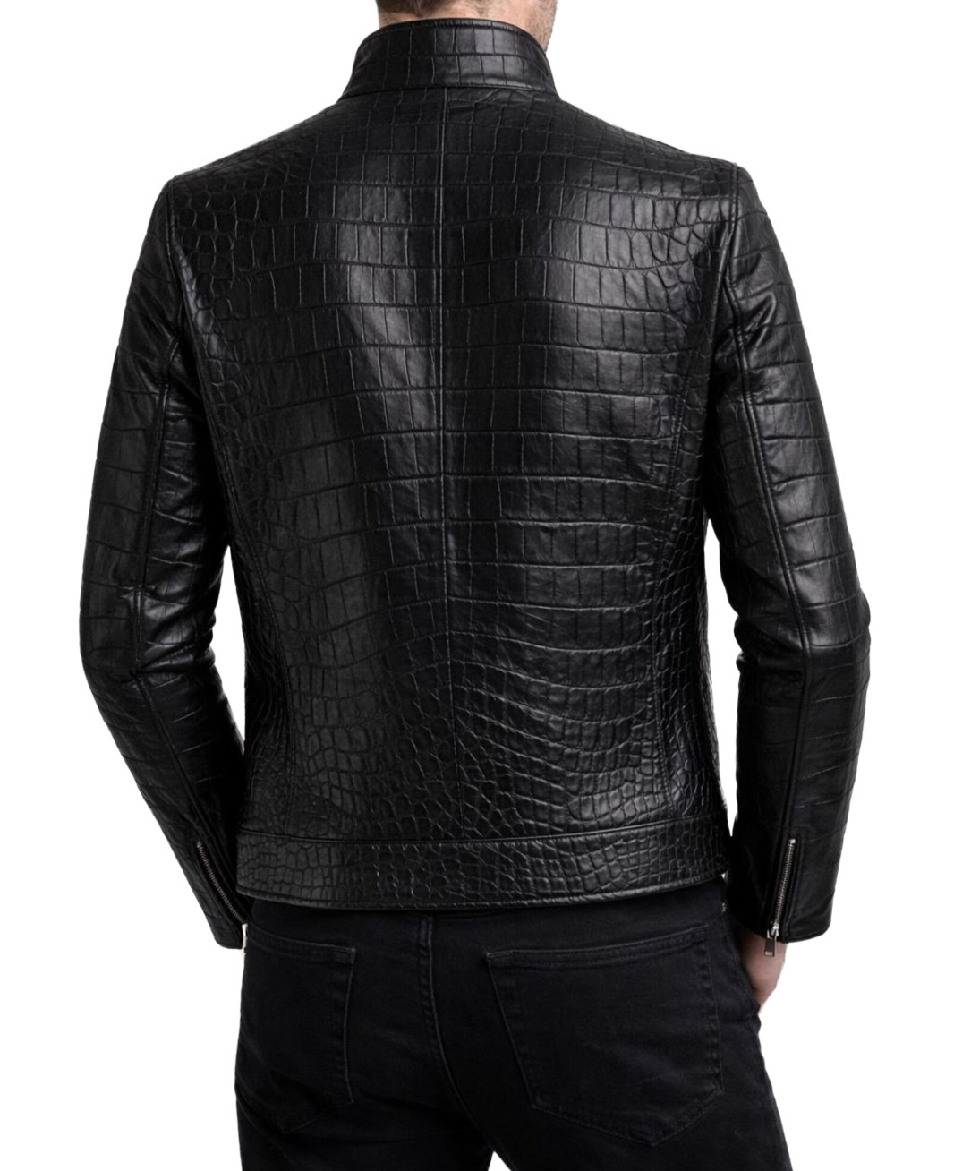 Men’s Black Real Leather Jacket Crocodile Print Designer Zipper Biker Jacket