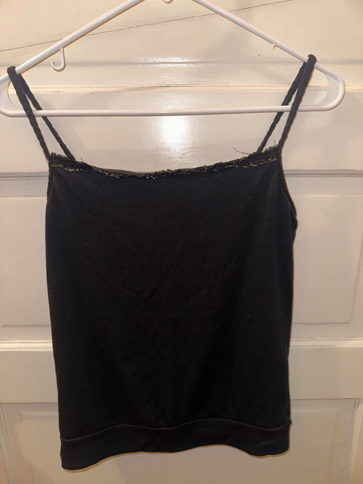 Black Lace Trim Metallic Shimmer Camisole Braided Spagetti Strap Tank Top