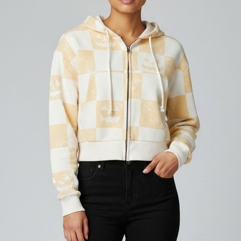 Mighty Fine Cream Checkered Pumpkin Face Print Cropped Hoodie Women’s S NWOT
