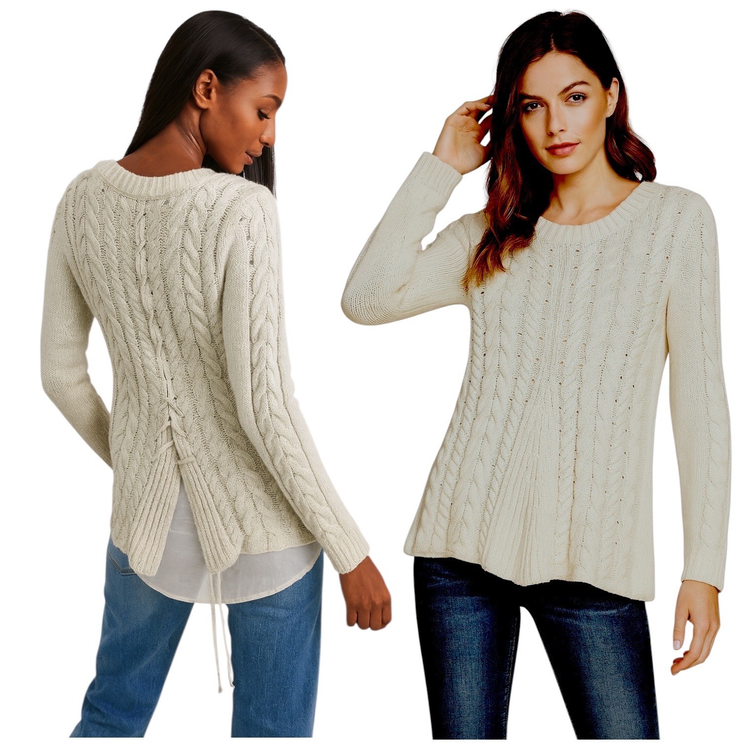 Cabi Women Cable Knit Layered Hem Sweater Lace Back Sz S #3157 Cream Cottagecore